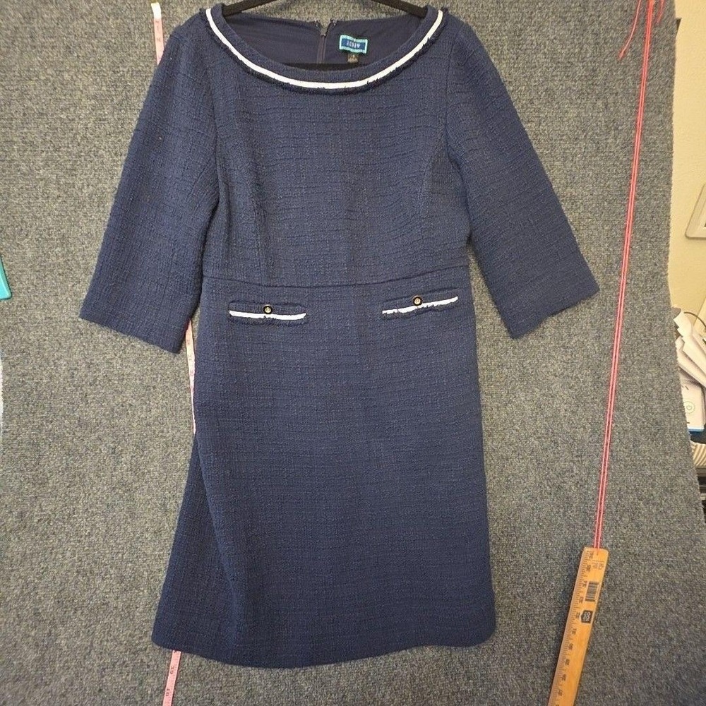 J. Crew Dress Womens 14 Blue Tweed Boat Neck 3/4 Sleeve Sheath Lined Fringe Trim
